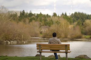 Man sitting on bench overlooking pond